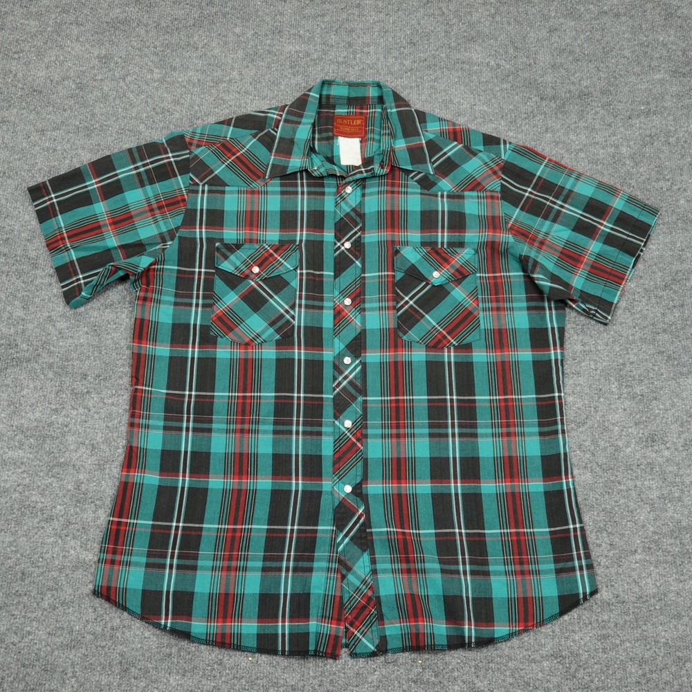 Rustler Shirt Men XL Teal Plaid Pearl Snap Western Short Sleeve X-Long Tails